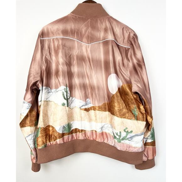 Hooey Satin Bomber Jacket XL Women’s Pink Desert Western Landscape Print Zip Up - Picture 7 of 12